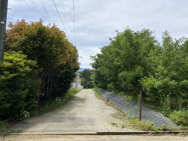 南側の未舗装の公私道（持分あり）。